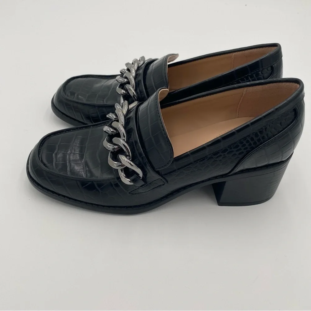 Bandolino Misha Croc Print Slip On Loafers‎ Chunky Block Heeled Shoes Black 6.5